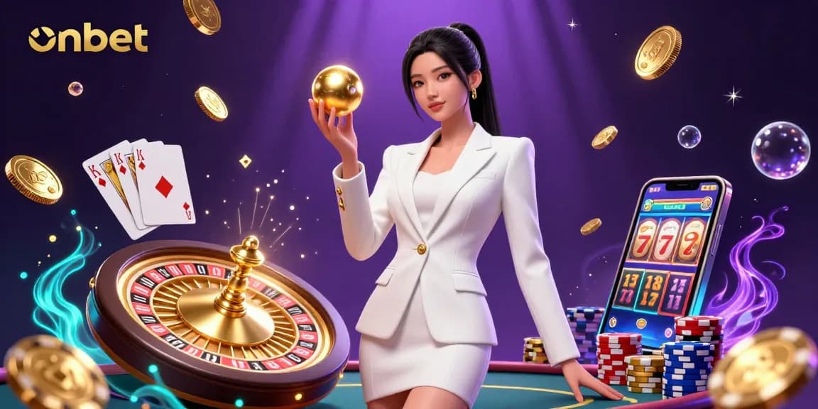 Experience thrilling gaming at onbet with a glamorous Asian woman holding a roulette ball amid vibrant casino elements.