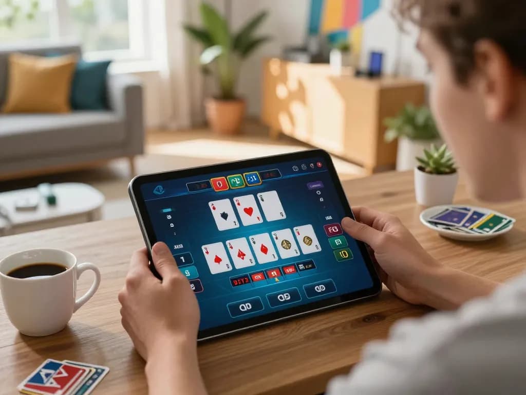 Engaging with 388bet online baccarat through a tablet in a cozy home setting, showing gameplay interface.