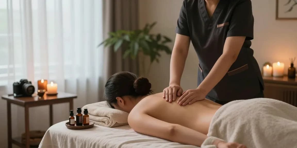 Relaxing 구로마사지 session in a tranquil spa setting with candles and soothing oils.