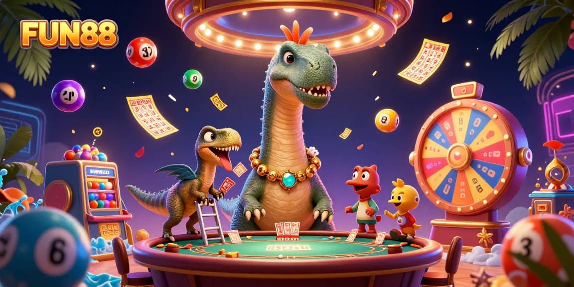Play exciting games at FUN88 with a vibrant casino scene featuring a fun brontosaurus.