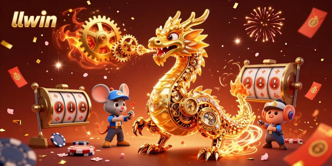 Experience the thrill of llwin's gaming with vibrant 3D casino elements and a golden dragon.
