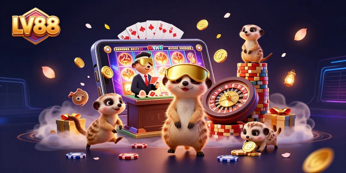 Experience the excitement of LV88 with meerkats managing a lively casino, surrounded by vibrant game elements.