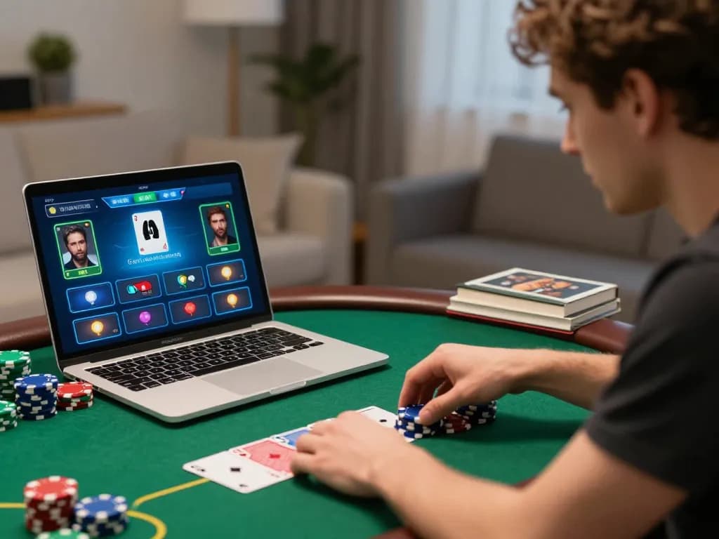 HB88 player focusing intently on high-stakes poker game, showcasing strategic decision-making at home.