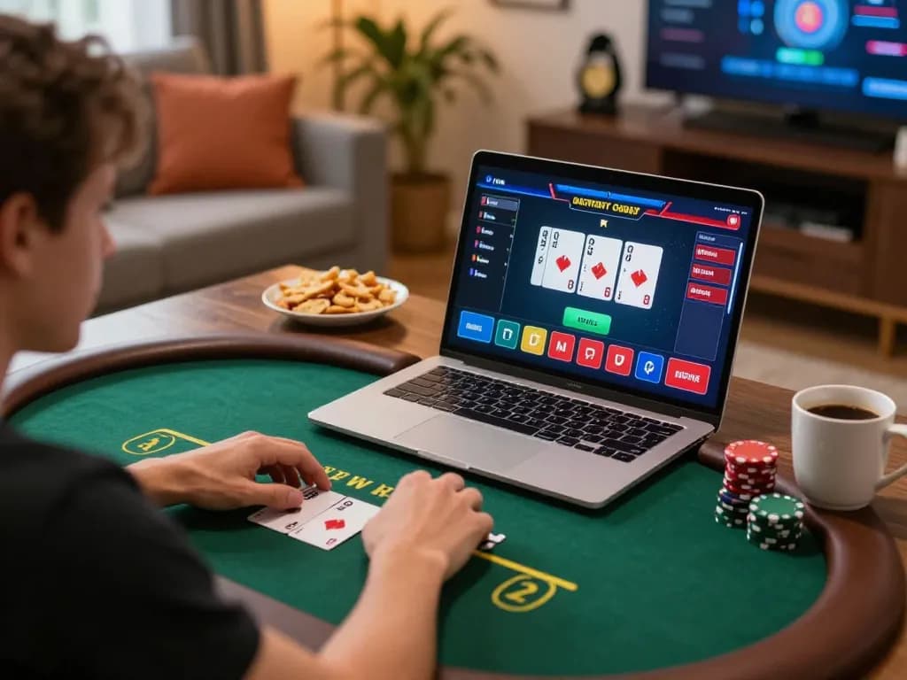 Engaged in a poker game on 99win's online platform with snacks and a cozy setup