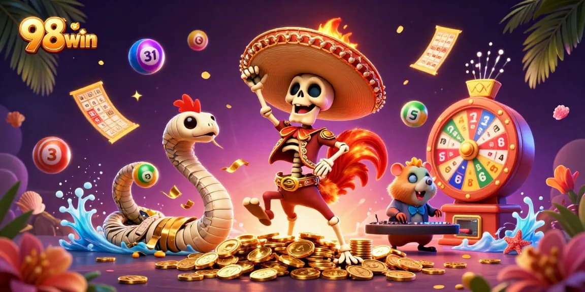 Experience thrilling gaming action at 98win with vibrant scenes of jackpots and winning moments.