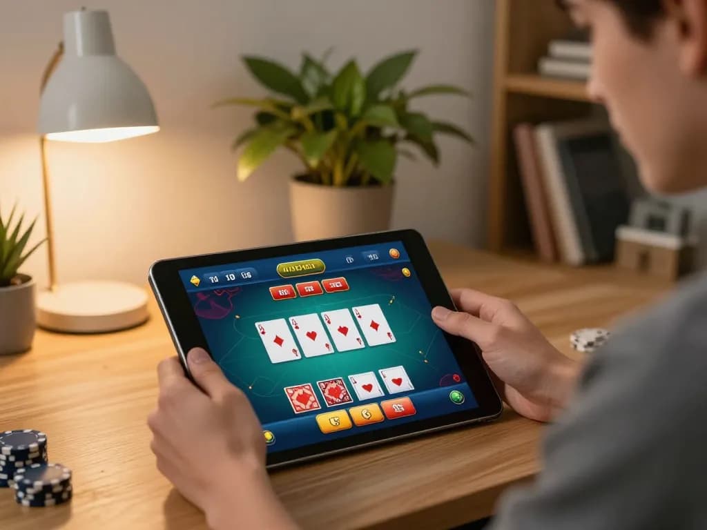 Engaged player using rr88 for online poker action with cozy home ambiance.