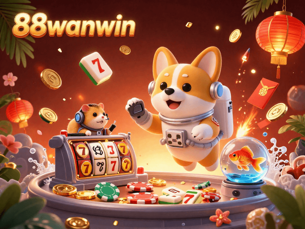 Engage with thrilling 88wanwin gaming, featuring vibrant characters and casino elements amid a mesmerizing backdrop.