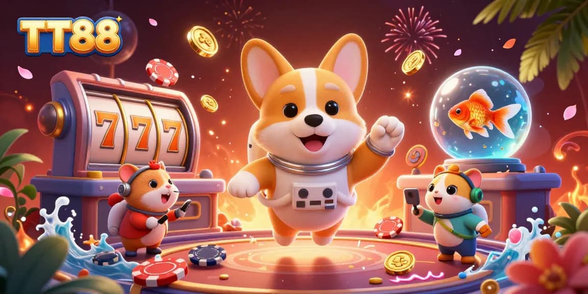 TT88 casino image featuring a corgi astronaut, hamster, and a goldfish in a captivating animated scene.