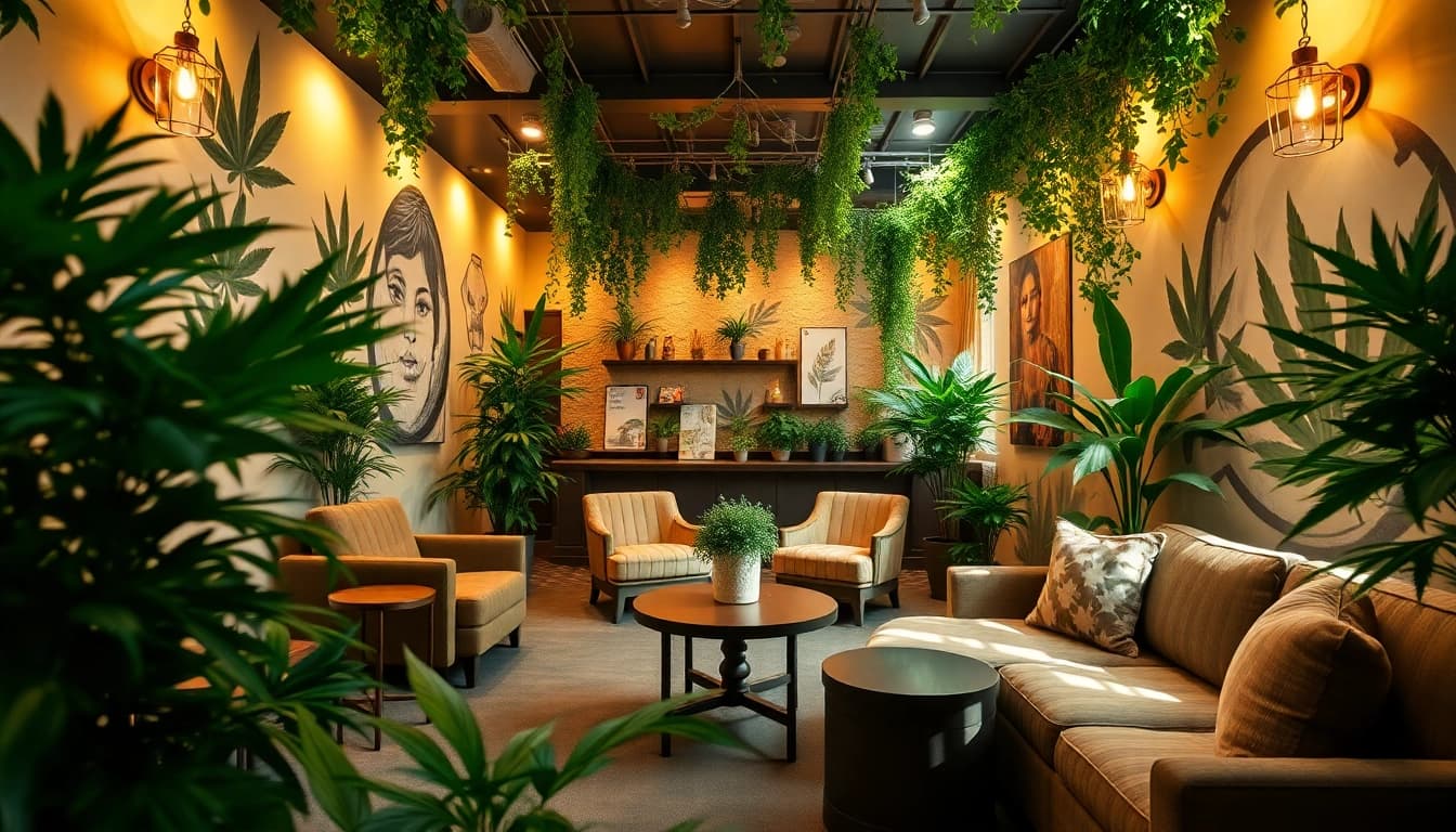 Explore a serene cannabis club environment with lush greenery and inviting lounge spaces.