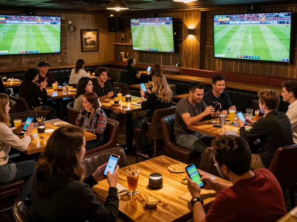 Fans actively placing bets on nowgoals during a football match at a lively sports bar.