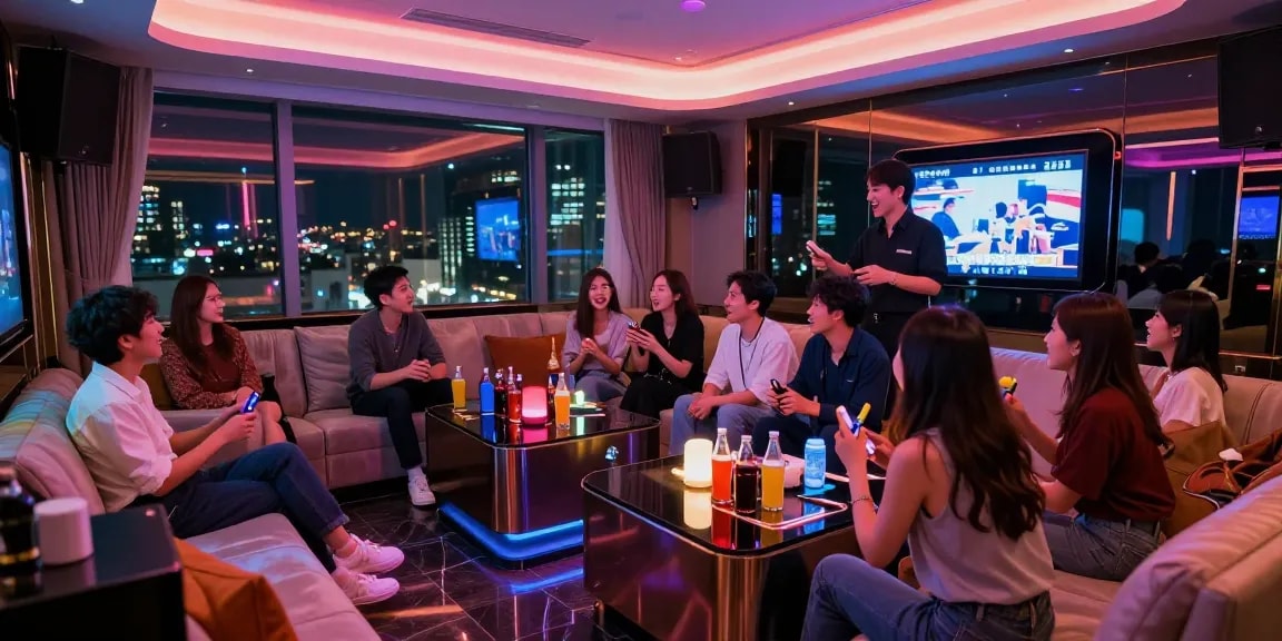 Enjoying a fun night at 강남 가라오케 with friends in a luxurious setting.
