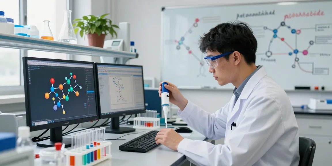 retatrutide peptide research scene in a lab with scientist analyzing molecular structures