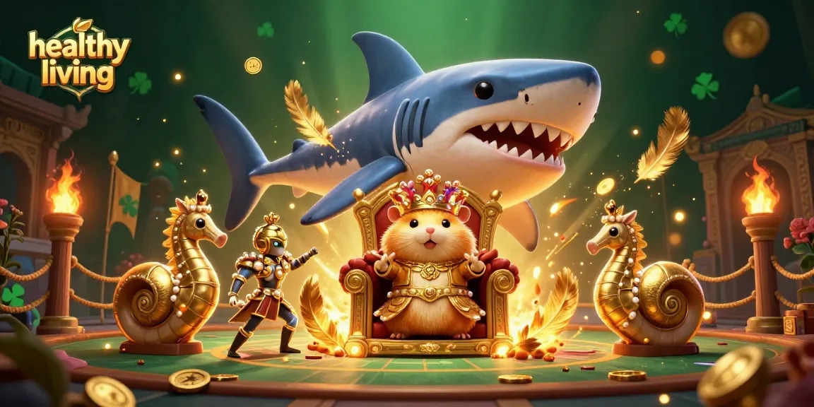 Experience healthy living in an engaging casino illustration featuring a fierce hamster king and seahorse guards.