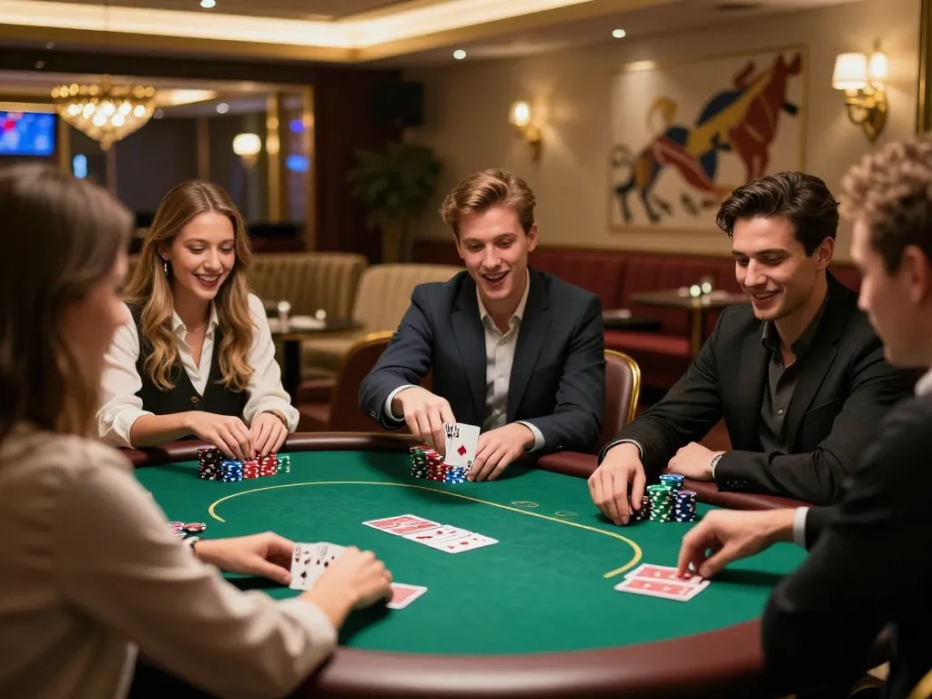 Friends celebrate a winning hand in a cozy poker game surrounded by vibrant chips and warm lighting at the casino S8.