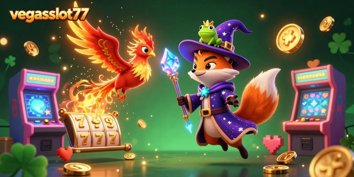 Experience the magic of vegasslot77 with a mystical fox, phoenix, and vibrant casino elements.