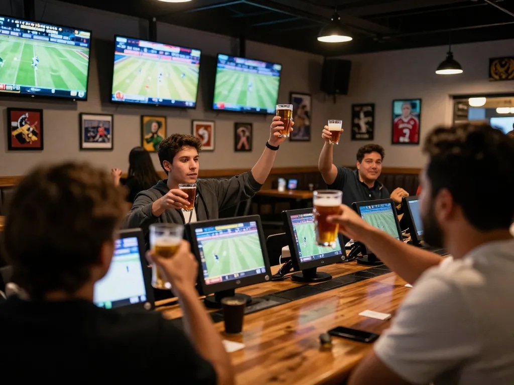 Exciting sports betting at a lively bar showing kèo nhà cái updates and patrons celebrating wins