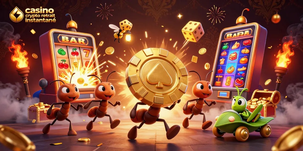 Illustration d'un casino crypto retrait instantané avec des fourmis en train de voler un jeton de poker doré.