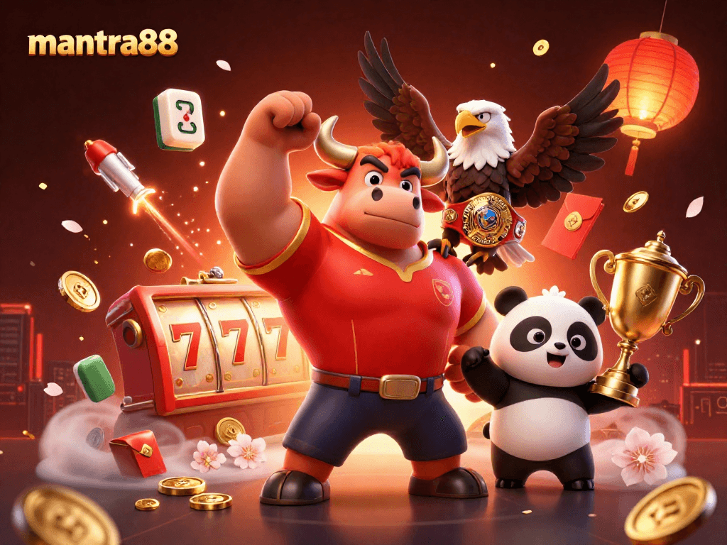 Experience the excitement of mantra88 with a dynamic scene featuring characters and slot game elements.