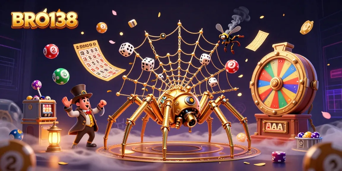 Experience thrilling spins with BRO138 in this vibrant 3D illustration of a golden spider web.