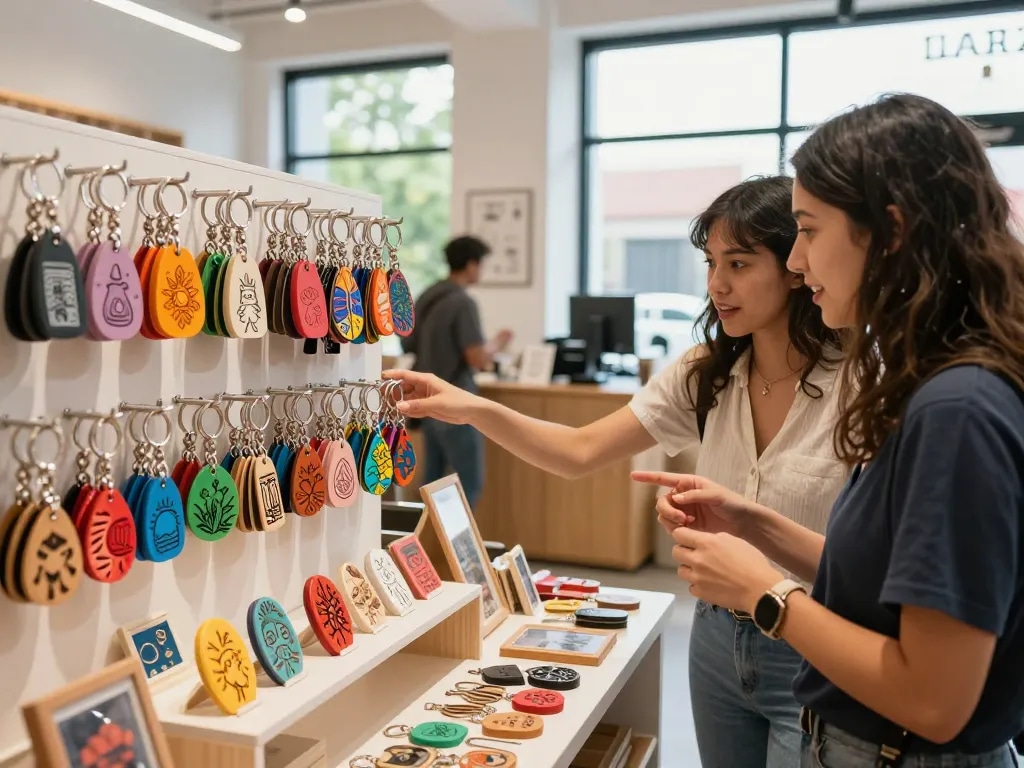 Customized keychain collection displayed in a vibrant e-commerce setting, with unique designs and a customer exploring options.