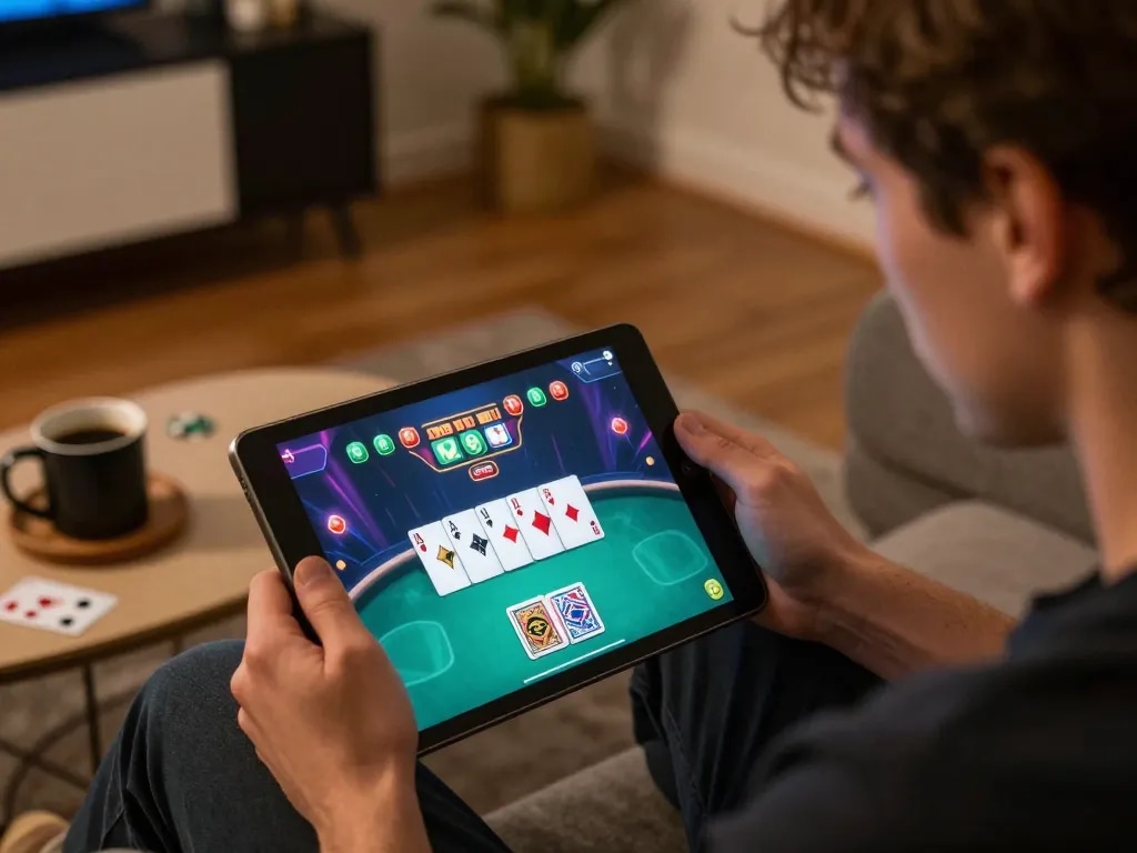 Player enjoying online poker on tablet at home, immersed in 888NEW gaming experience