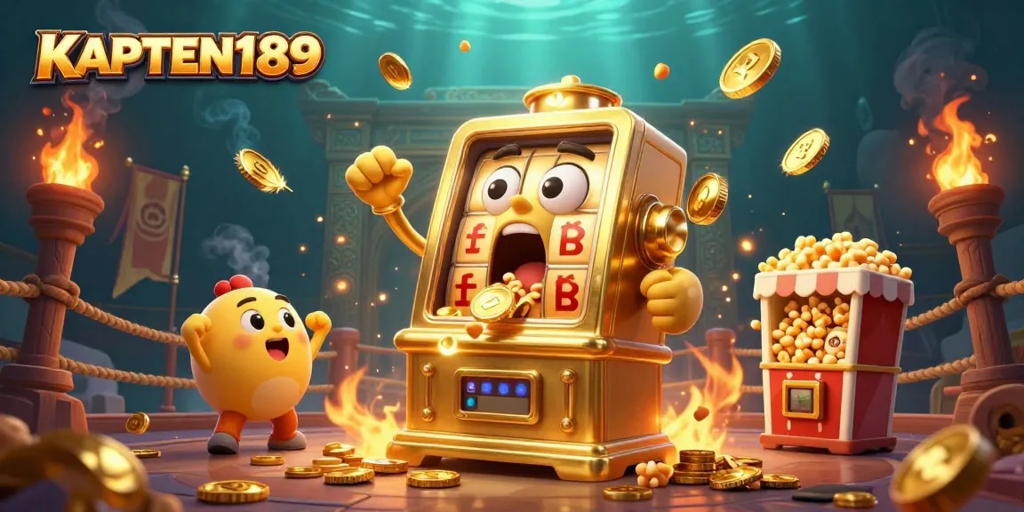 KAPTEN189 menghadirkan slot mesin emas ceria yang mengejutkan dengan koin yang jatuh, dikelilingi slot kecil yang bersorak dan suasana pertarungan.