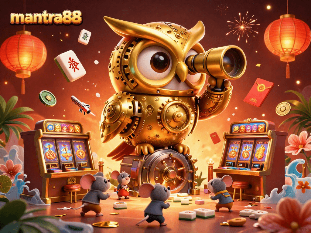 Join the excitement at mantra88's casino with golden owl and festive gaming elements!