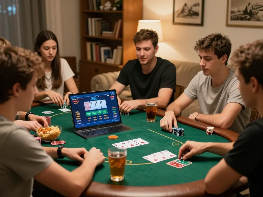 Engaged players enjoying online casino games at https://l567.tech/, showcasing a social poker night atmosphere