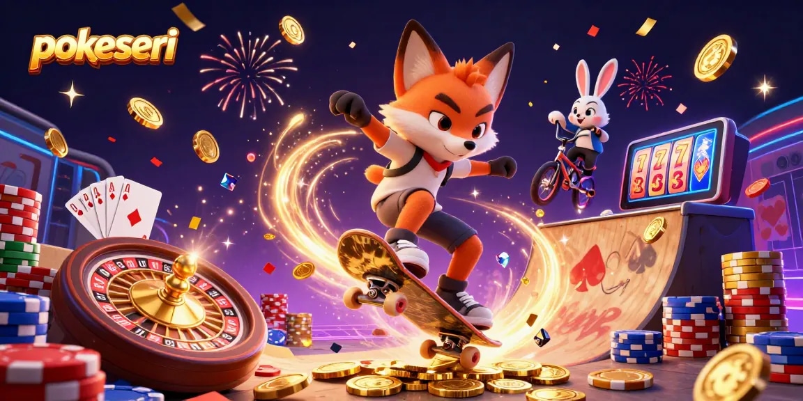 Experience the thrill of pokerseri with a vibrant scene of a skateboarder fox and BMX rabbit amidst casino excitement.