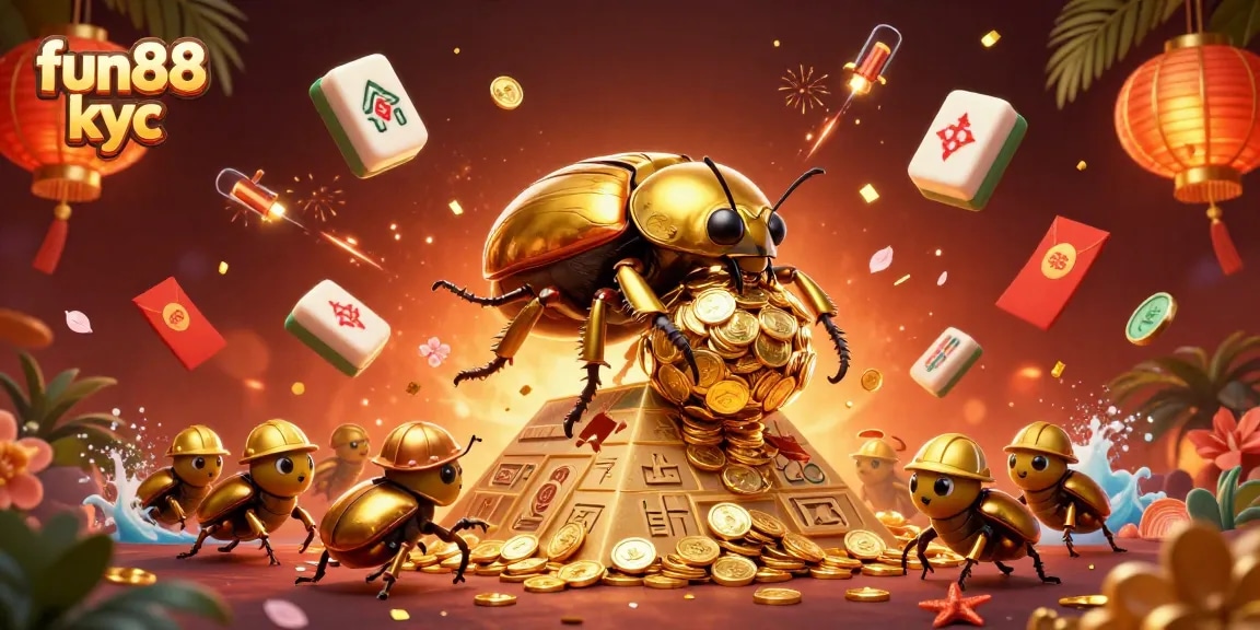 Cá cược fun88 kyc với hình ảnh bọ hung vàng khổng lồ, biểu tượng may mắn trong trò chơi trực tuyến.