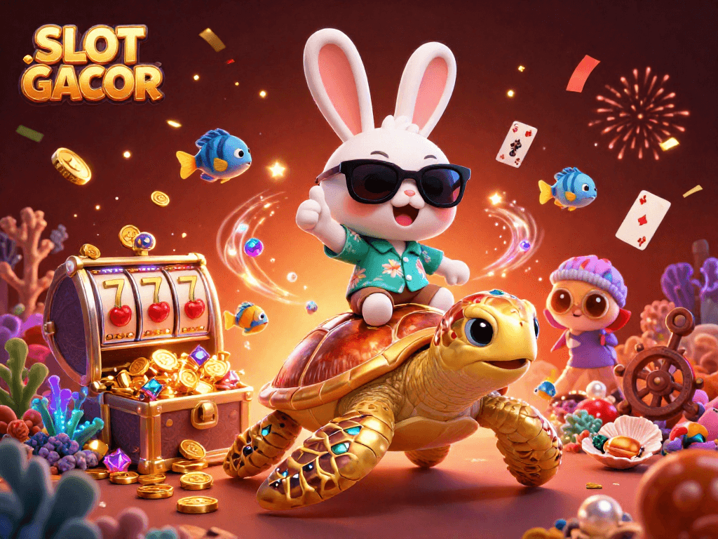 SLOT GACOR features a colorful scene with a lucky rabbit and a golden turtle surrounded by casino elements.