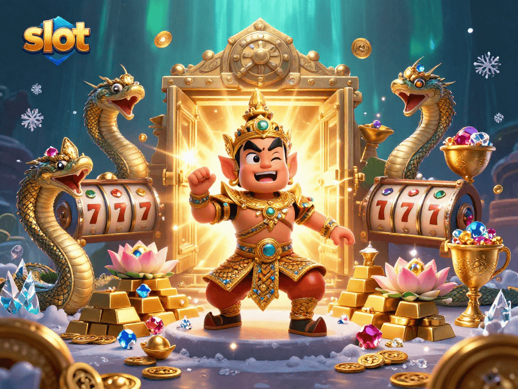 Play slots amidst shimmering treasure and vibrant characters in this dynamic casino scene.