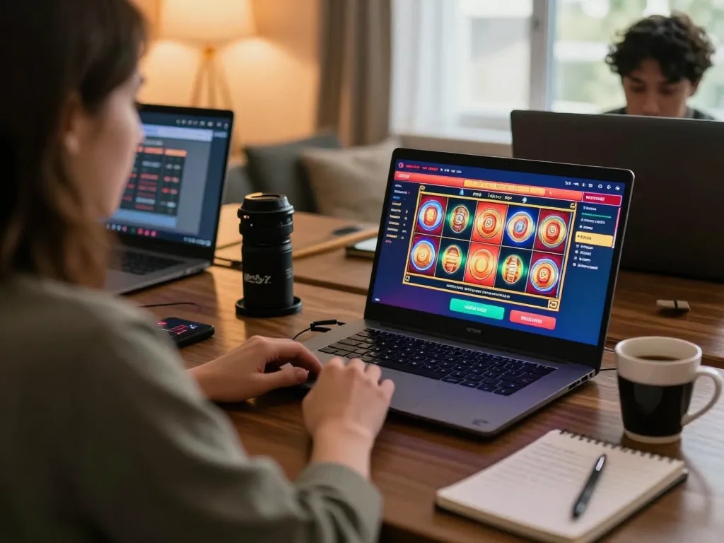 Engaging in strategic gameplay on https://7hh.games/ with colorful slot reels and betting notes visible