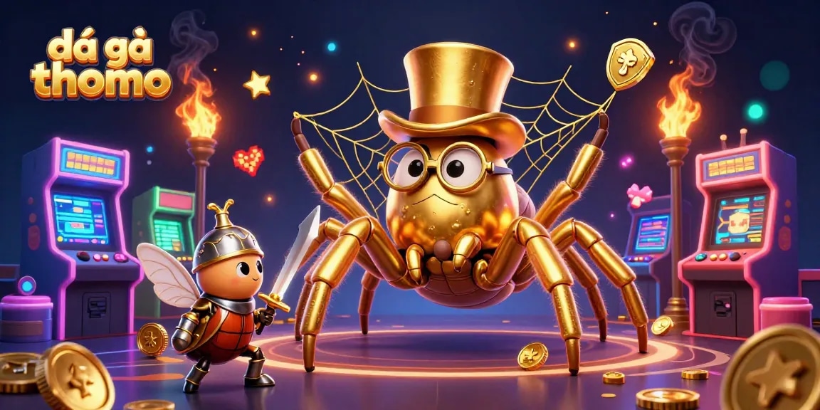 Watch exciting đá gà thomo battles with a dynamic scene of a golden tarantula and beetle knight.