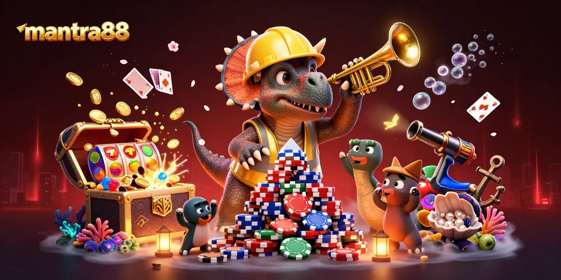 mantra88 showcases a vibrant scene with a triceratops celebrating casino wins among slot reels and treasure.