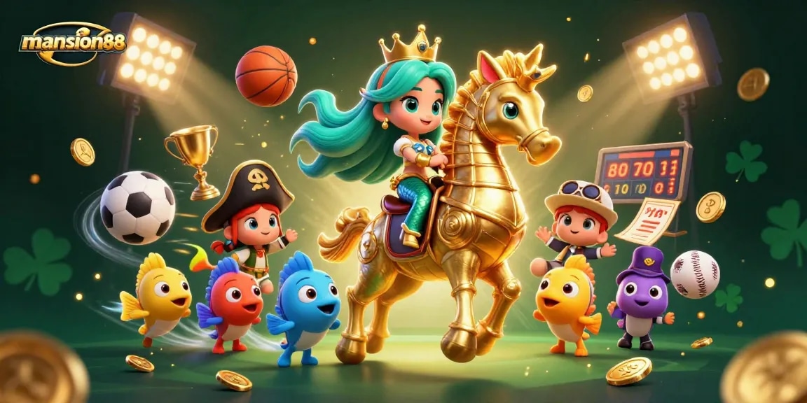 Experience excitement with mansion88 as the mermaid princess rides a golden seahorse in a dynamic betting scene.