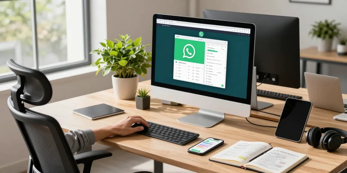 Using WhatsApp電腦版 at a modern workspace with vibrant tech elements.
