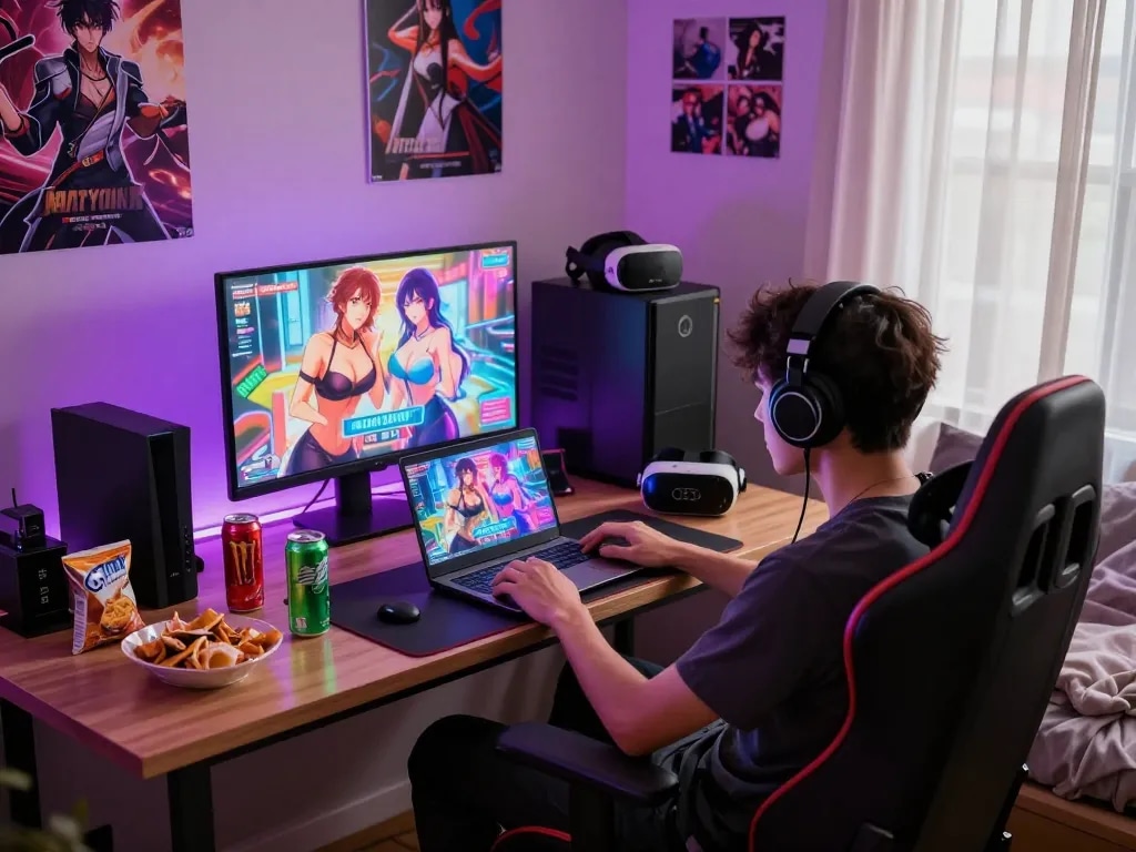 Engaging scene of a young adult playing sex games online in a cozy bedroom setup.
