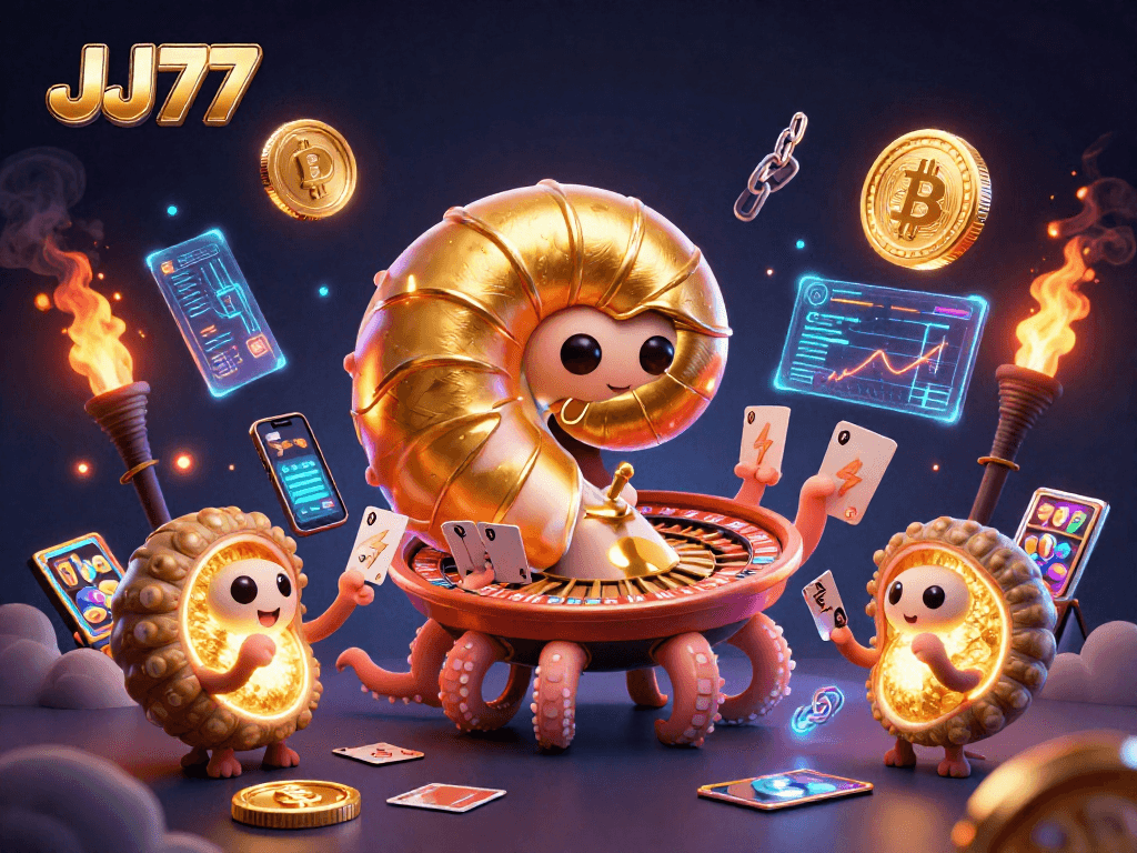 Spin the roulette wheel with JJ77 in a vibrant 3D casino scene filled with crypto elements.