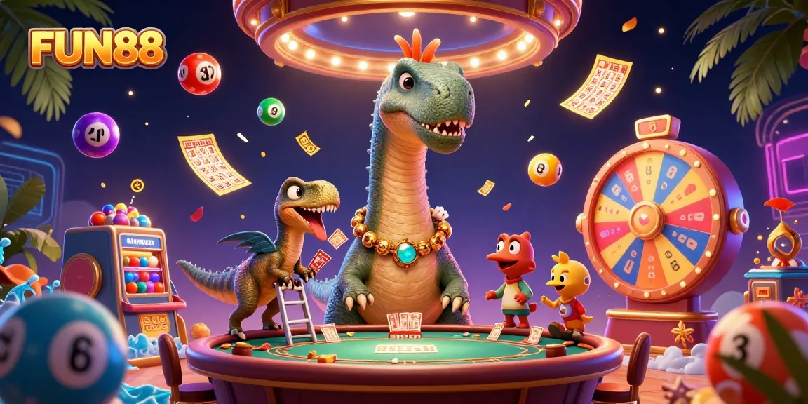 Play exciting games at FUN88 with a vibrant casino scene featuring a fun brontosaurus.