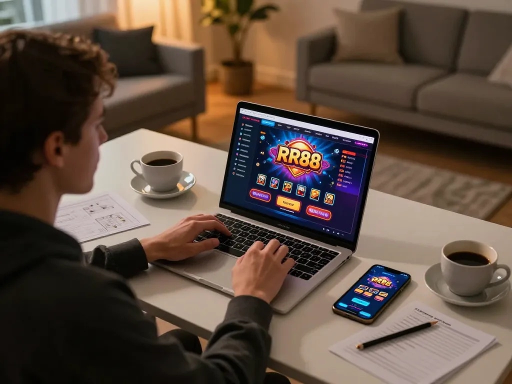 Playing at https://rr88.auction/ online casino with laptop showing vibrant games and betting strategy notes.