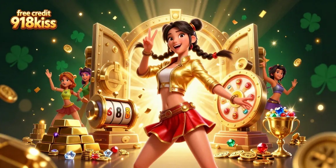 Spin to win with free credit 918kiss in vibrant casino illustration filled with excitement and rewards.