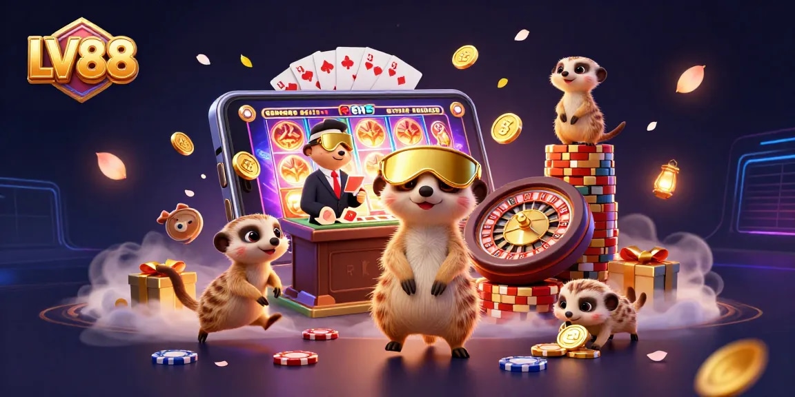 Experience the excitement of LV88 with meerkats managing a lively casino, surrounded by vibrant game elements.