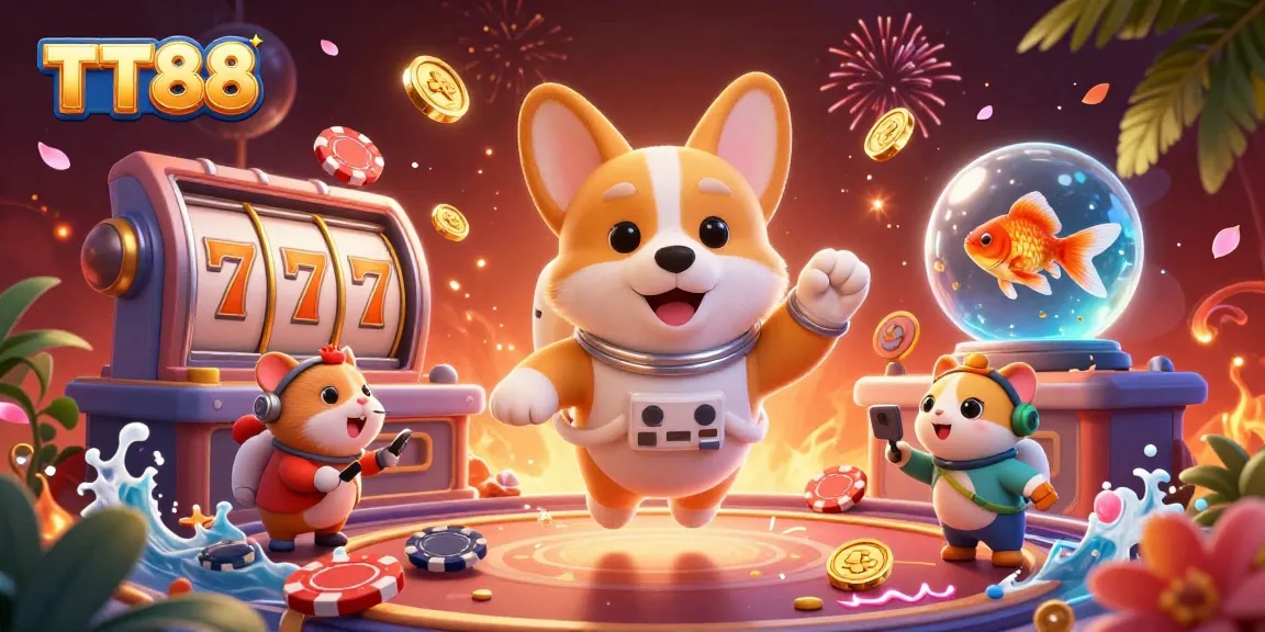 TT88 casino image featuring a corgi astronaut, hamster, and a goldfish in a captivating animated scene.
