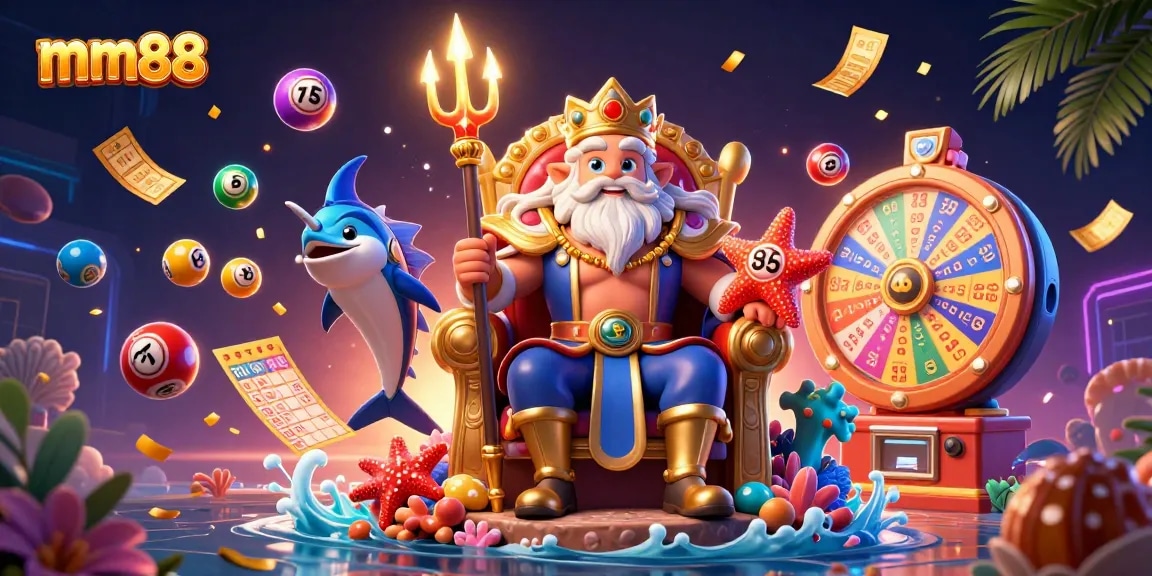 Immerse in mm88's online casino world with a vibrant 3D illustration of Neptune, gaming elements, and festivities.