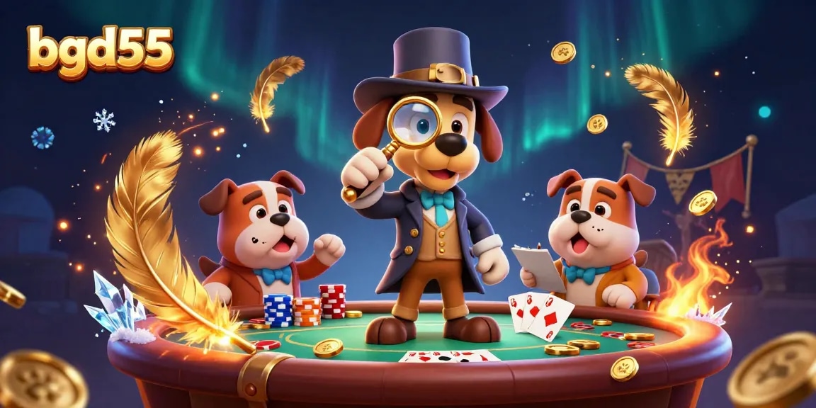 Engage with BGD55 online poker strategy, featuring a detective discovering golden poker chips.