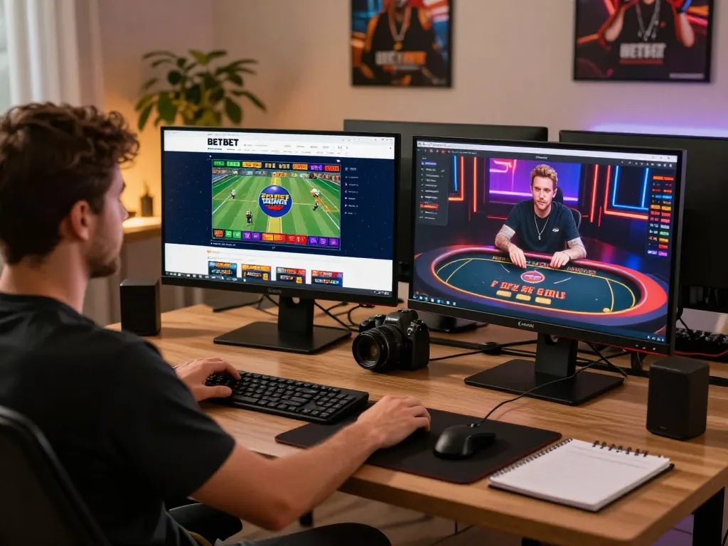 Engaging scene of an online gambling setup with BETBET displayed on screen, showcasing live betting action.