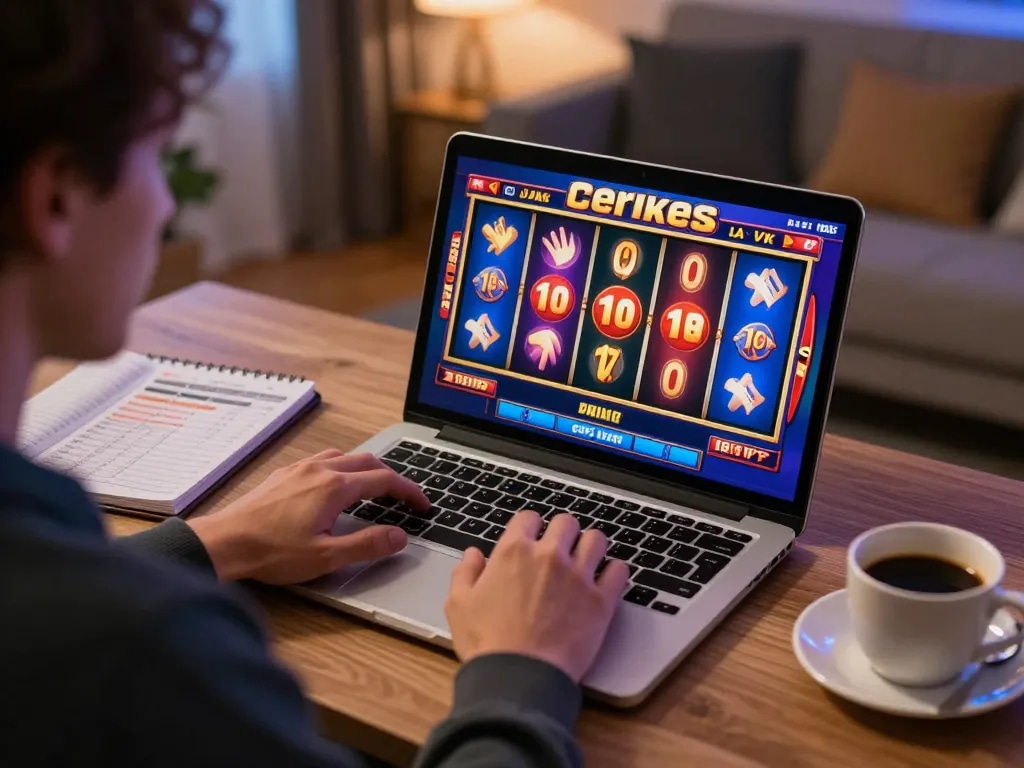 Player enjoying online slots, managing a depo 10k strategy in a cozy home environment.