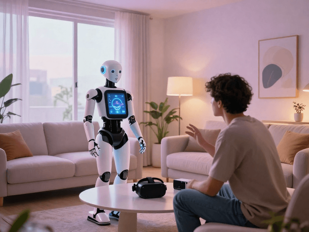 Engaging with a futuristic sex bot in a modern living room setting, showcasing interactive technology.