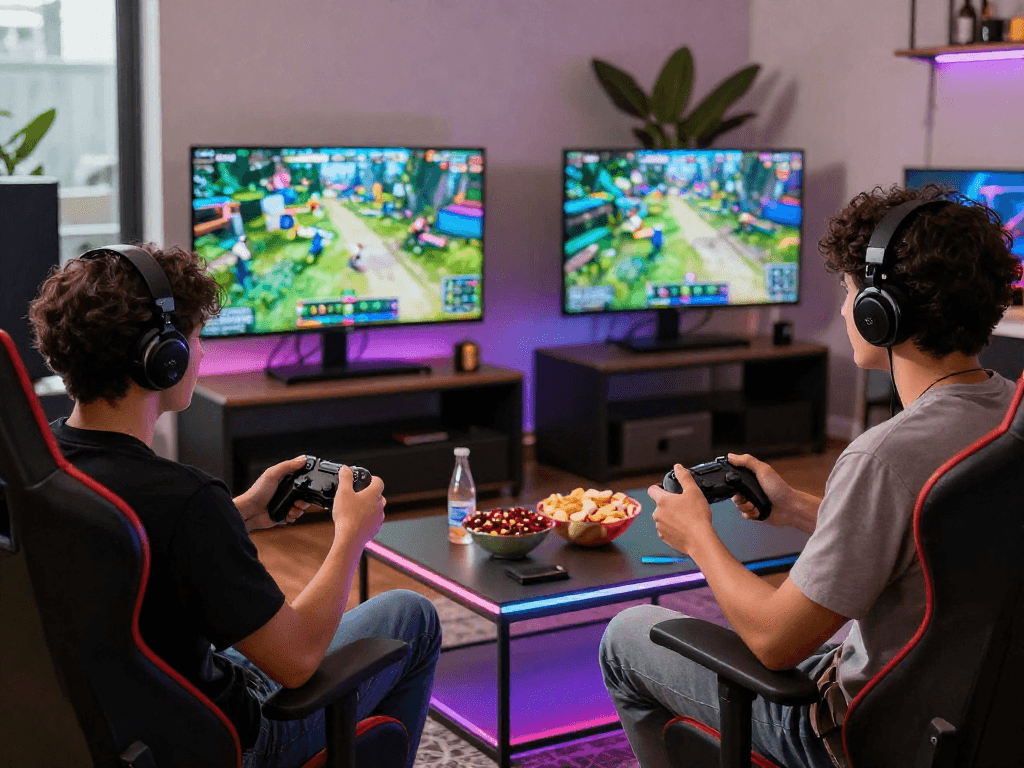 Dynamic gaming scene with friends enjoying rokok 88, showcasing excitement in a stylish lounge.